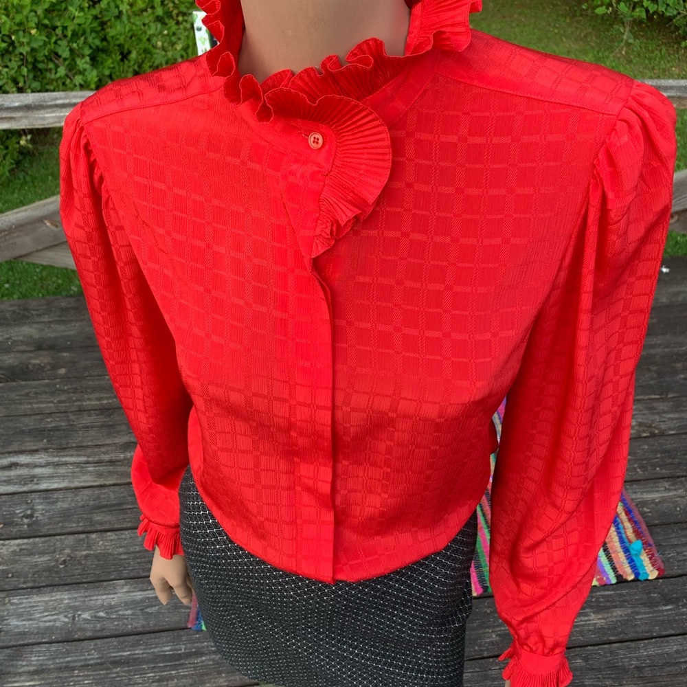 Vintage Ruffled High Neck Red Blouse